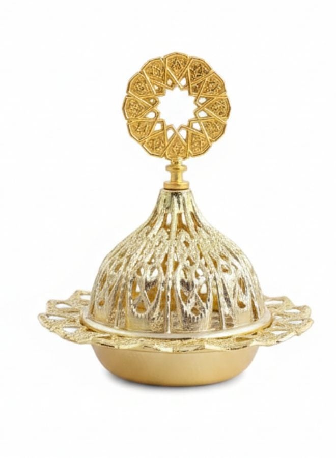 مبخرة بخور ذهبية بتصميم عربي فاخر – مبخرة معدنية مزخرفة من الحديد عالي الجودة مع غطاء قابل للإزالة – لتعطير الجو ونشر الروائح العطرية بالتساوي – قطعة ديكور فاخرة للمنازل والمناسبات – هدية مثالية للأصدقاء والعائلة - Image 1